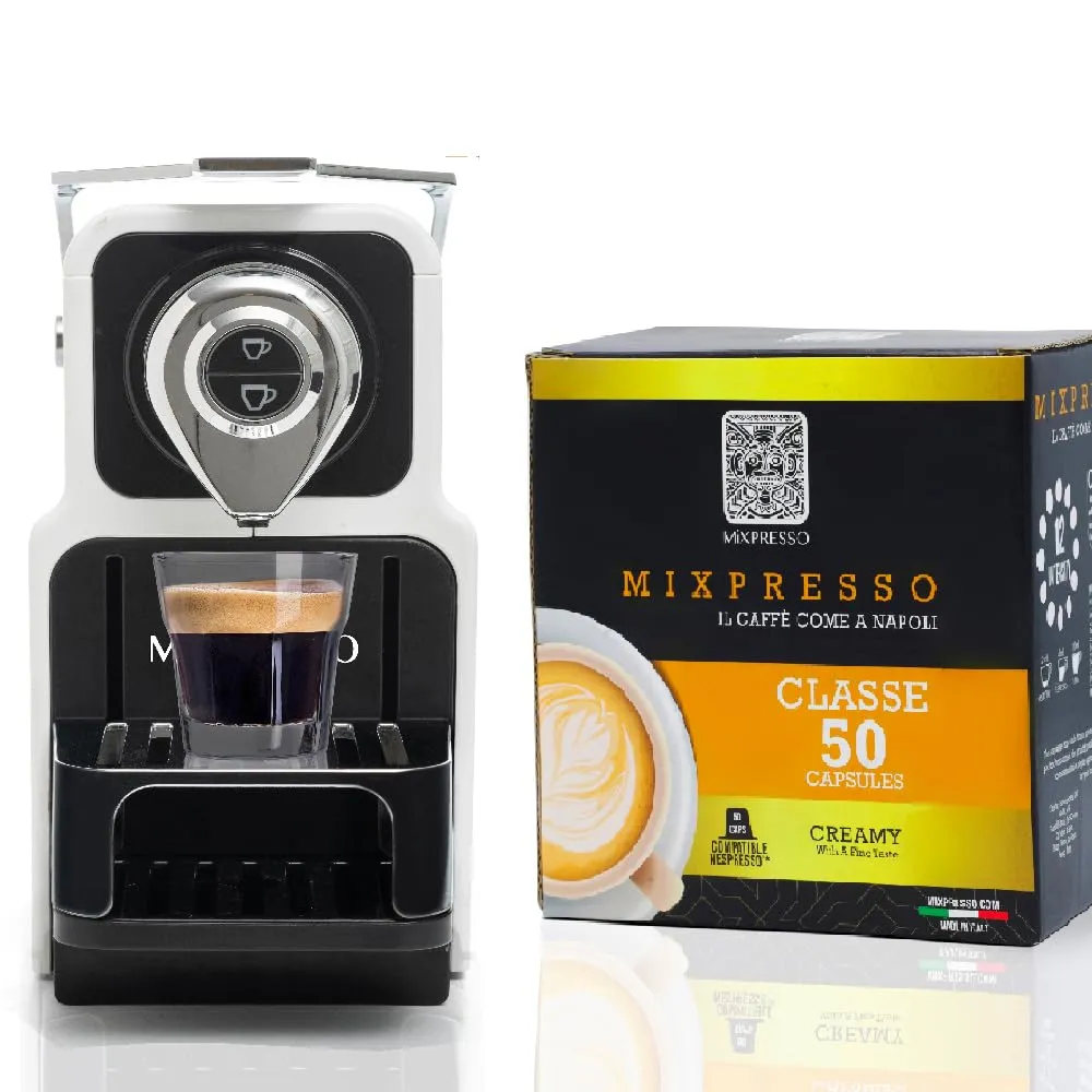 Mixpresso Espresso Machine Bundle with 50 Italian Coffee Capsules, 19 Bar Pressure, 1400W