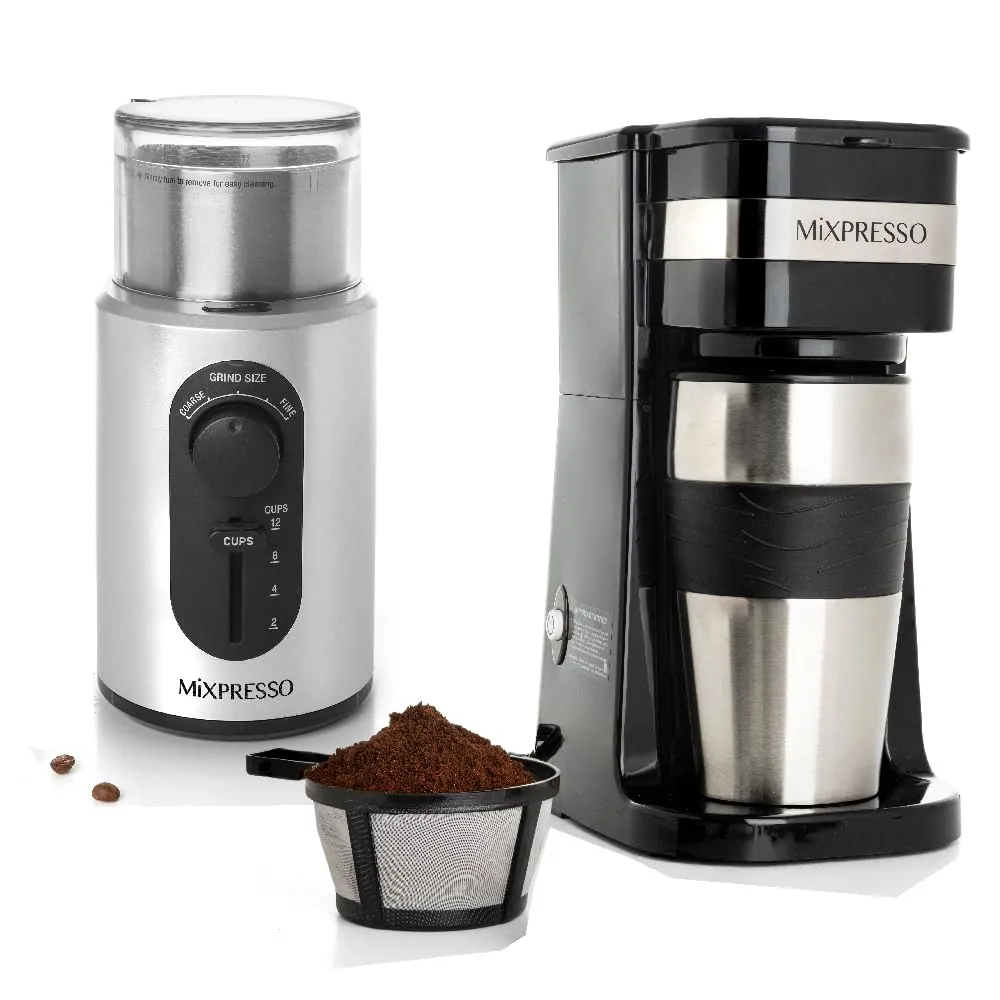 Mixpresso Personal Single-Serve Coffee Maker & 14oz Travel Mug Bundle with Electric Grinder