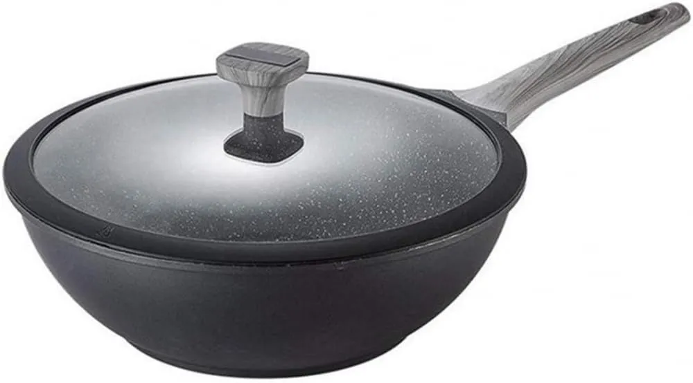 Modern Non-Stick Frying Pan-Wok with Glass Lid, Aluminum Induction Base, Wooden Handle