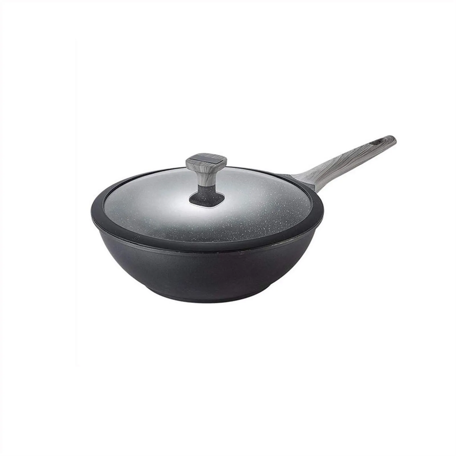 Modern Non-Stick Frying Pan-Wok with Tempered Glass Lid, Induction Safe, Wooden Handle