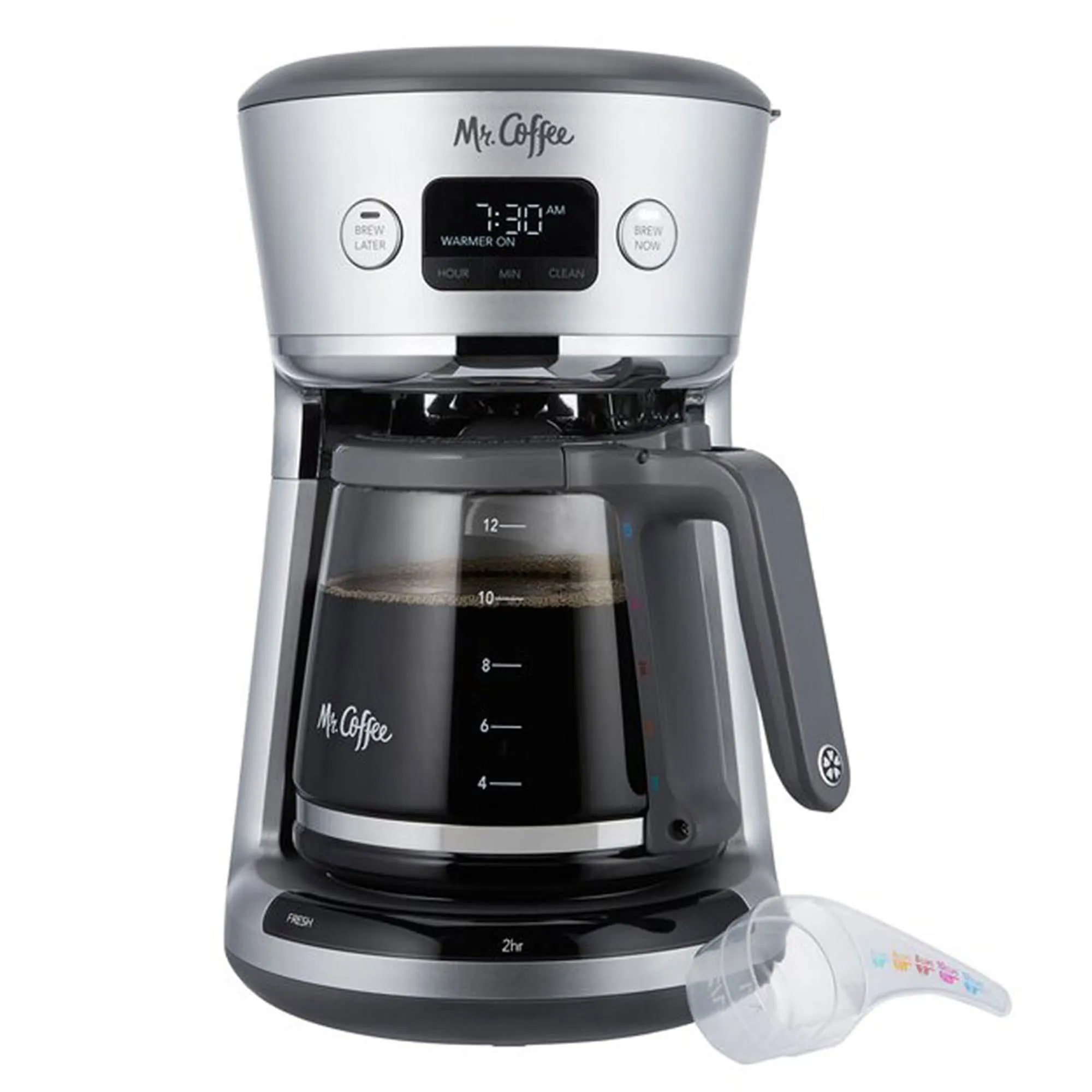 Mr. Coffee 12-Cup Programmable Digital Coffee Maker with Built-In Filtration, Silver