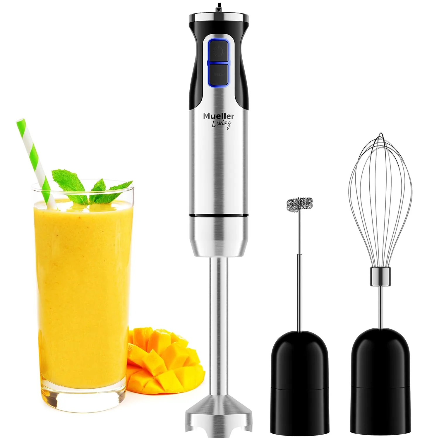 MuellerLiving 500W Immersion Blender with Turbo Mode, 3-in-1 Handheld Mixer, Beaker, Chopper, Whisk