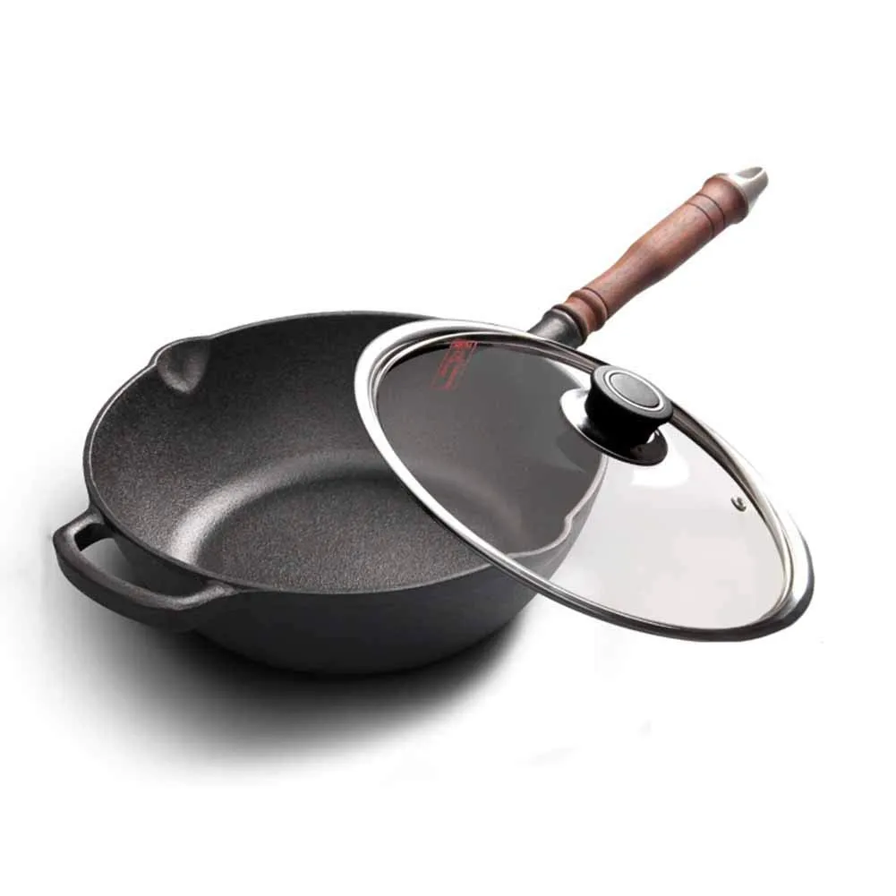 Multifunctional 27CM Cast Iron Wok – Natural Non-Stick, Dual-Purpose with Two-Side Pouring Nozzle