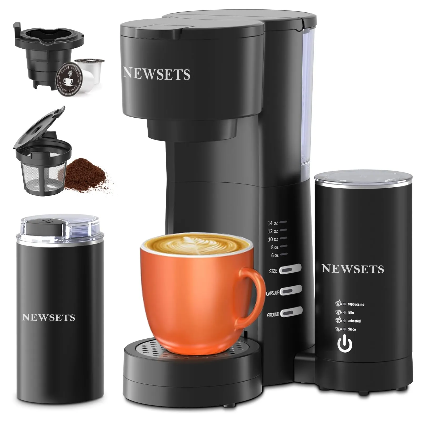 NEWSETS 4-in-1 Single Serve Coffee Maker, K-Cup & Ground Coffee, Grinder & Frother, 28oz Reservoir