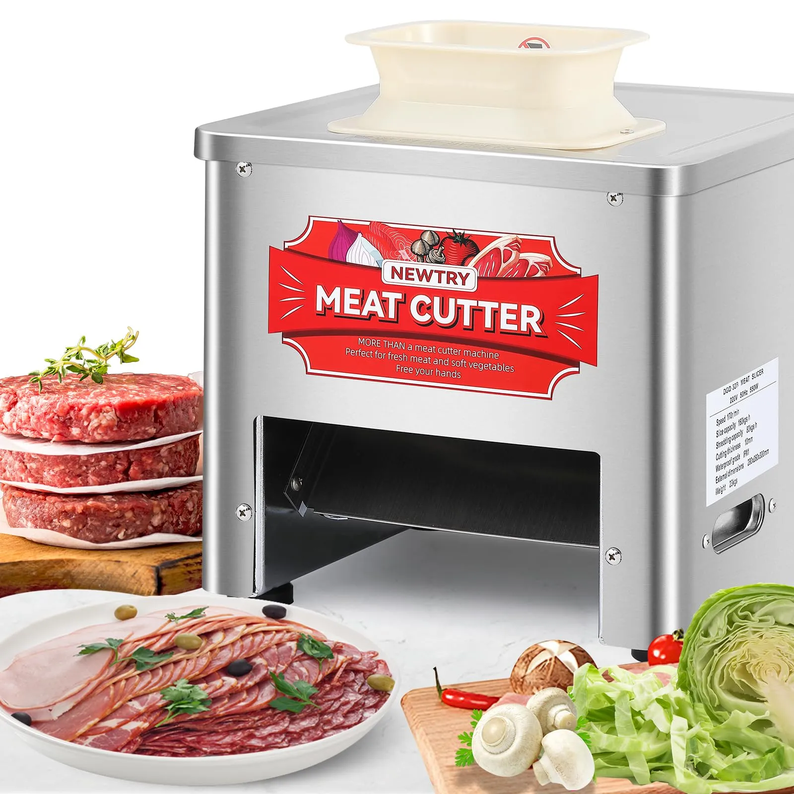 NEWTRY Commercial Meat Cutter Machine 3.5mm Blade, Slices Strips Cubes, Easy Clean, 110V