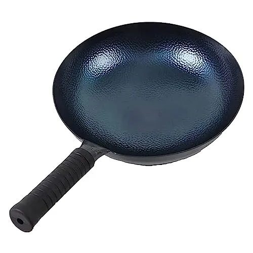 No Coating Iron Wok, 32cm Traditional Hammered Stir-Fry Pan with Ergonomic Handle, Non-Stick