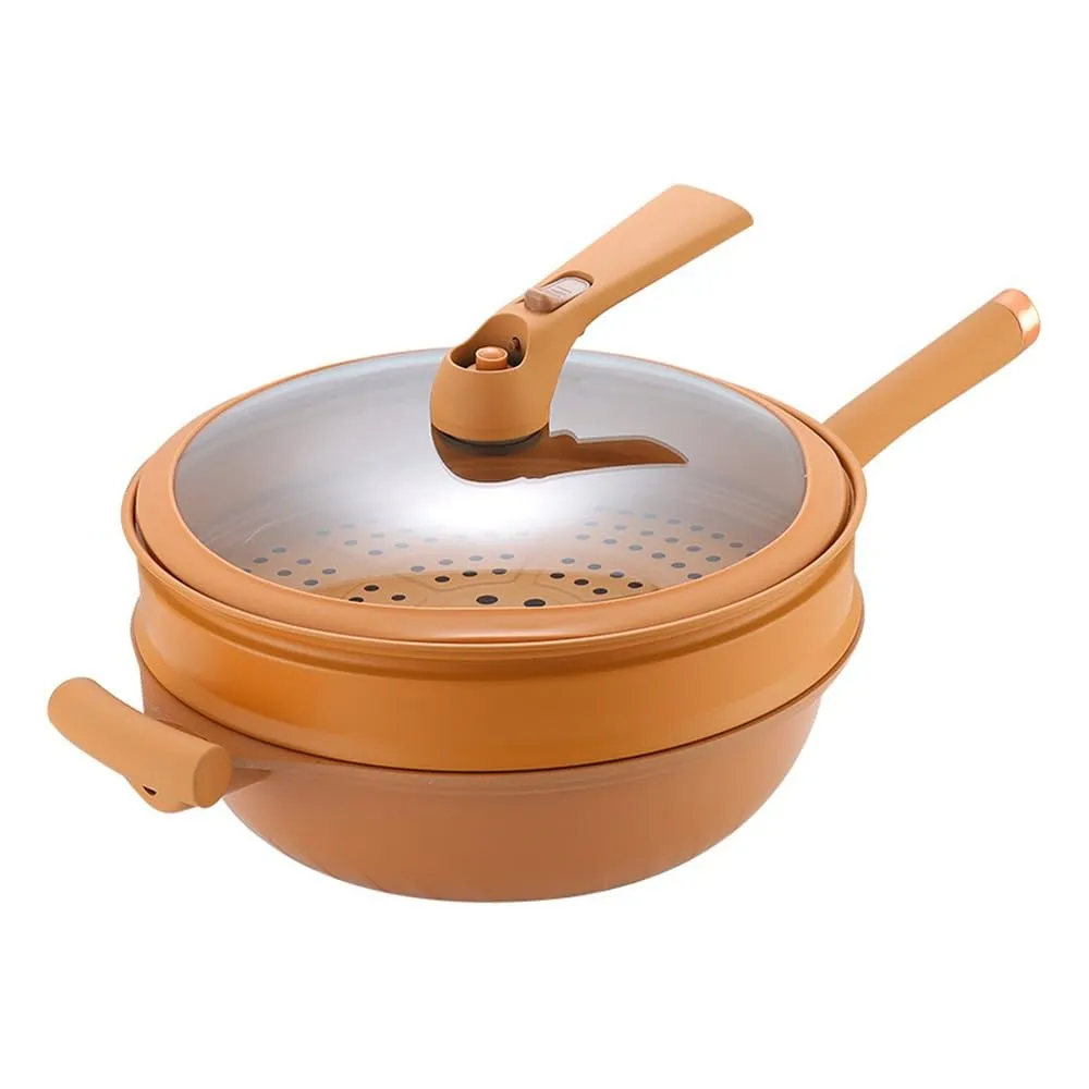 Non-Stick Clay Wok with Steamer, 12.59' Multifunctional Frying Pan Set for Cooking