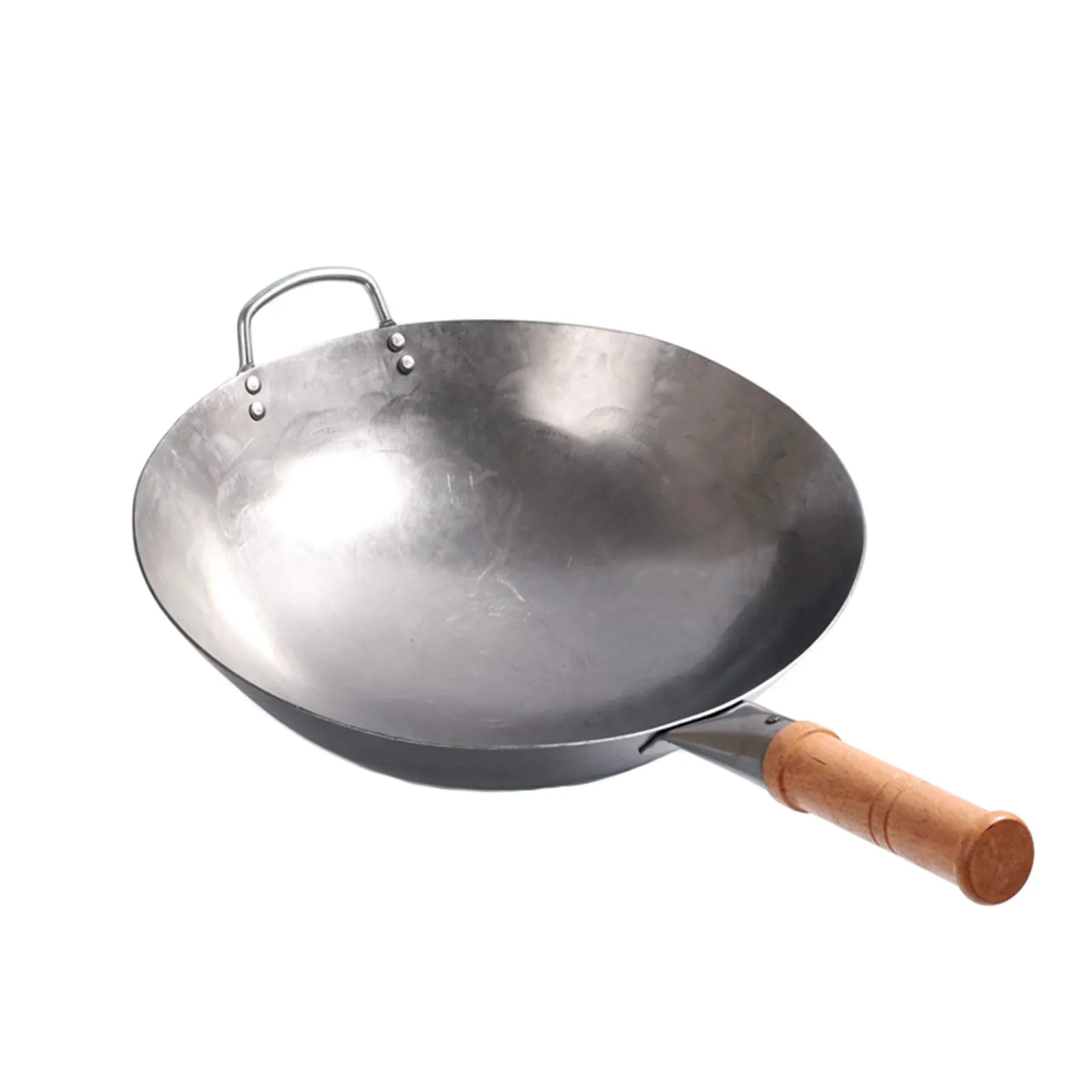 Non-Stick Handmade Iron Wok 32cm with Wooden Handle - Traditional Kitchen Cookware