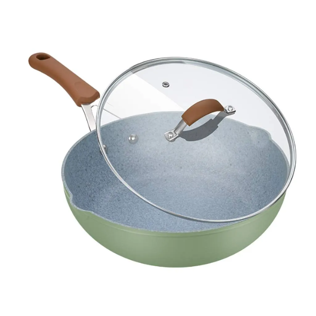 Non-Stick Maifan Stone Wok 30cm, Iron Flat Bottom Frying Pan with Anti-Scald Handle