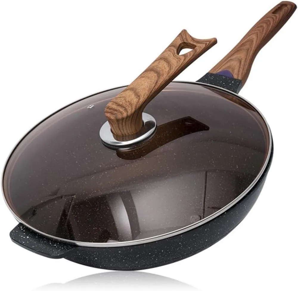 Nonstick Wok Pan 13.4in with Lid, Die-cast Aluminum, Induction Compatible, Black, Ergonomic Handle