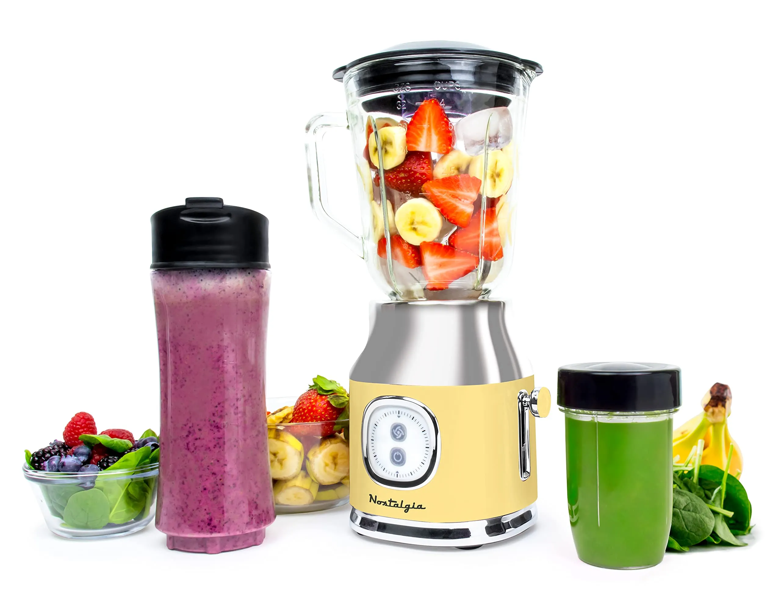 Nostalgia Classic Retro Electric Pulse Blender with 1L Glass Pitcher & Tritan Travel Bottle