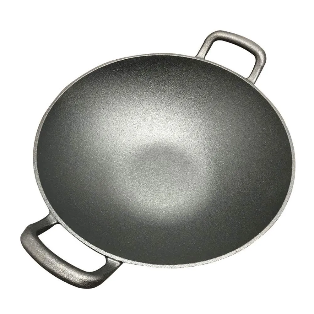 Old-Style Binaural Cast Iron Wok, Thickened Non-Stick Flat Bottom Pan, 30cm, ROLTIN