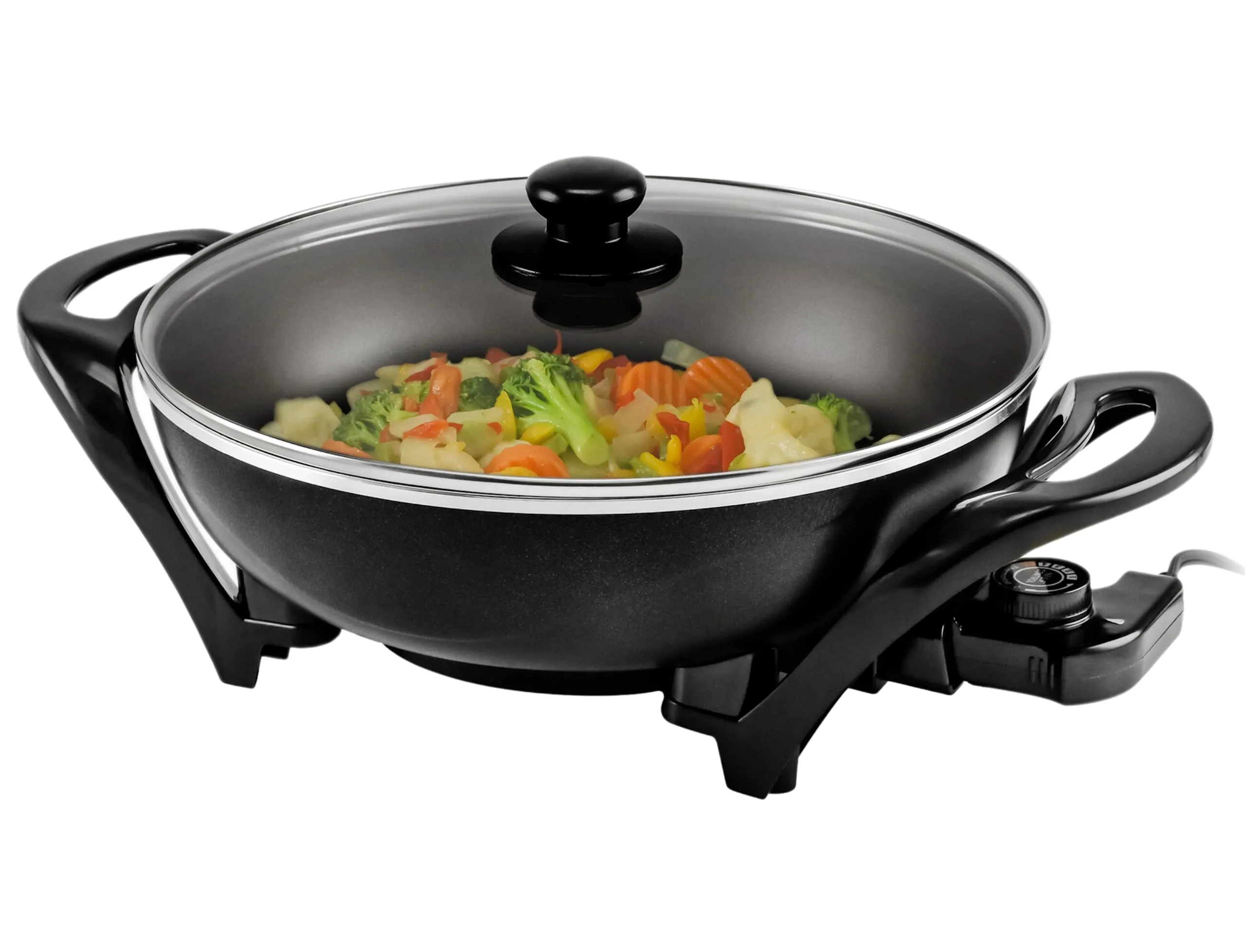 OVENTE 13 Inch Electric Wok with Nonstick Coating, 1400W Power, Adjustable Temperature, Black