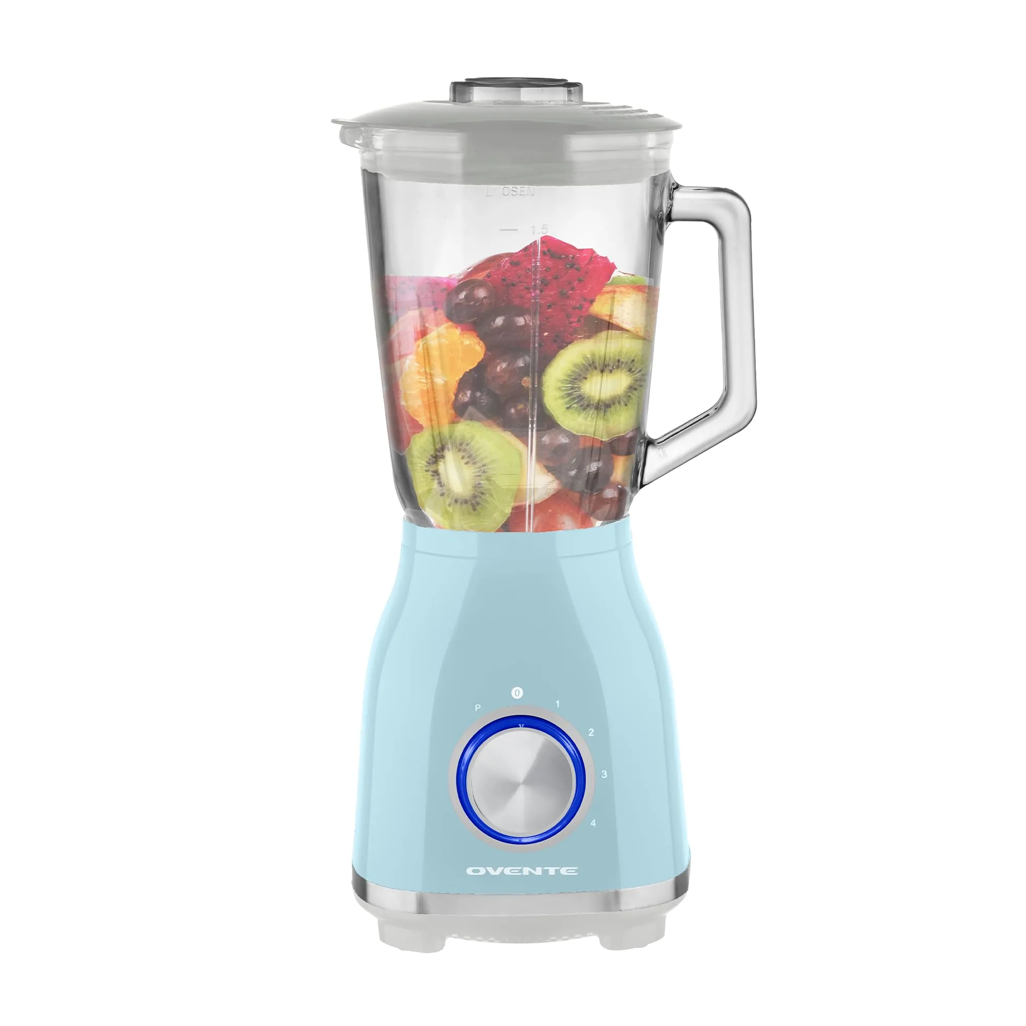 OVENTE 550W Countertop Kitchen Blender with 50oz Glass Jar, Stainless Steel Blades, Blue