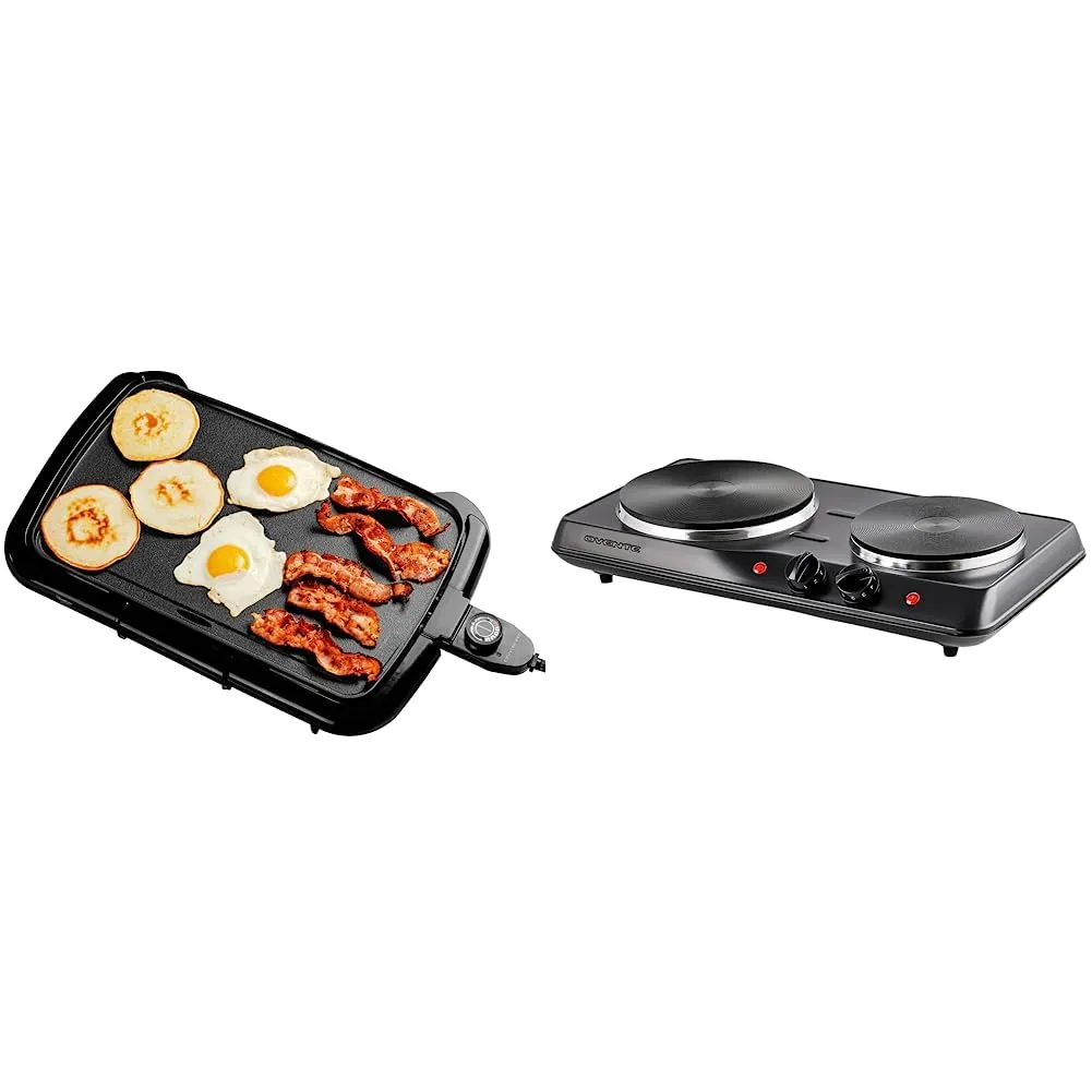 OVENTE Electric Griddle & Double Burner with Non-Stick Surface, Adjustable Thermostat, 1700W