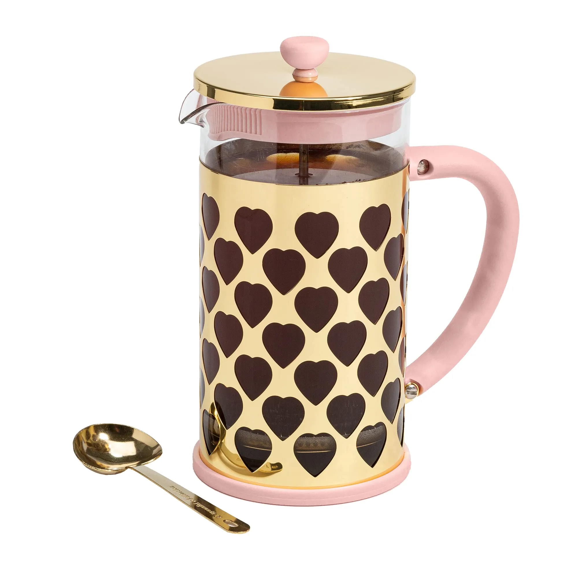 Paris Hilton French Press Coffee Maker Set, 8-Cup Pink & Gold, Heart-Shaped Scoop Included