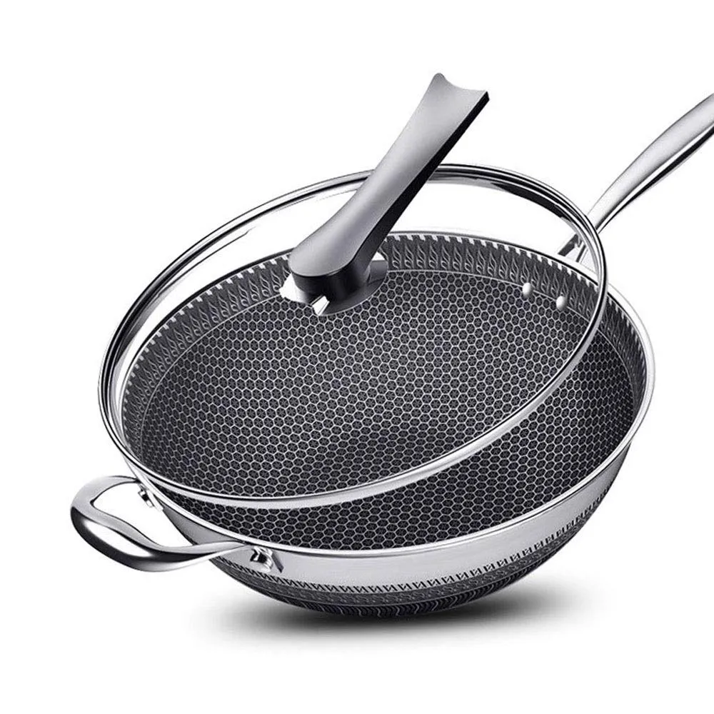 PFOA-Free Non-Stick Frying Pan, Double-Sided Honeycomb Design, Durable Stainless Steel Wok