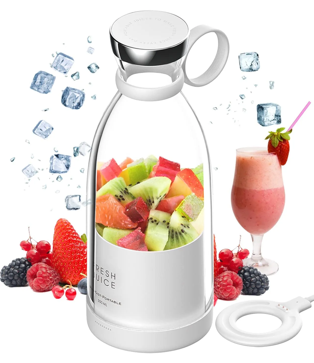 Portable Mini Blender for Juice, Smoothies, Rechargeable USB, 350ml, White