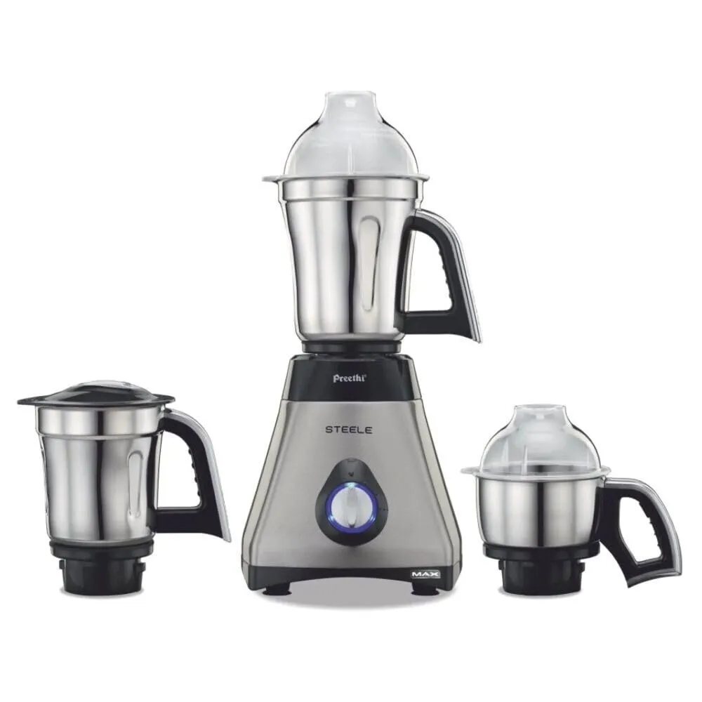 Preethi Steele 3-Jar Mixer Grinder 550-Watt Silver with Stainless Steel Body & TurboVent