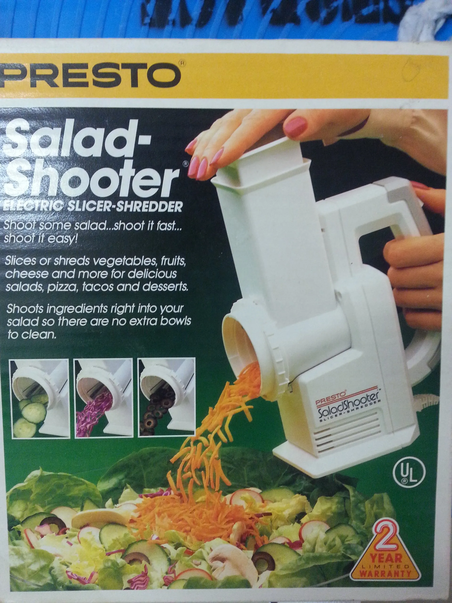 Presto Salad Shooter Electric Slicer/Shredder - White, Compact, Interchangeable Cones, 2 Units