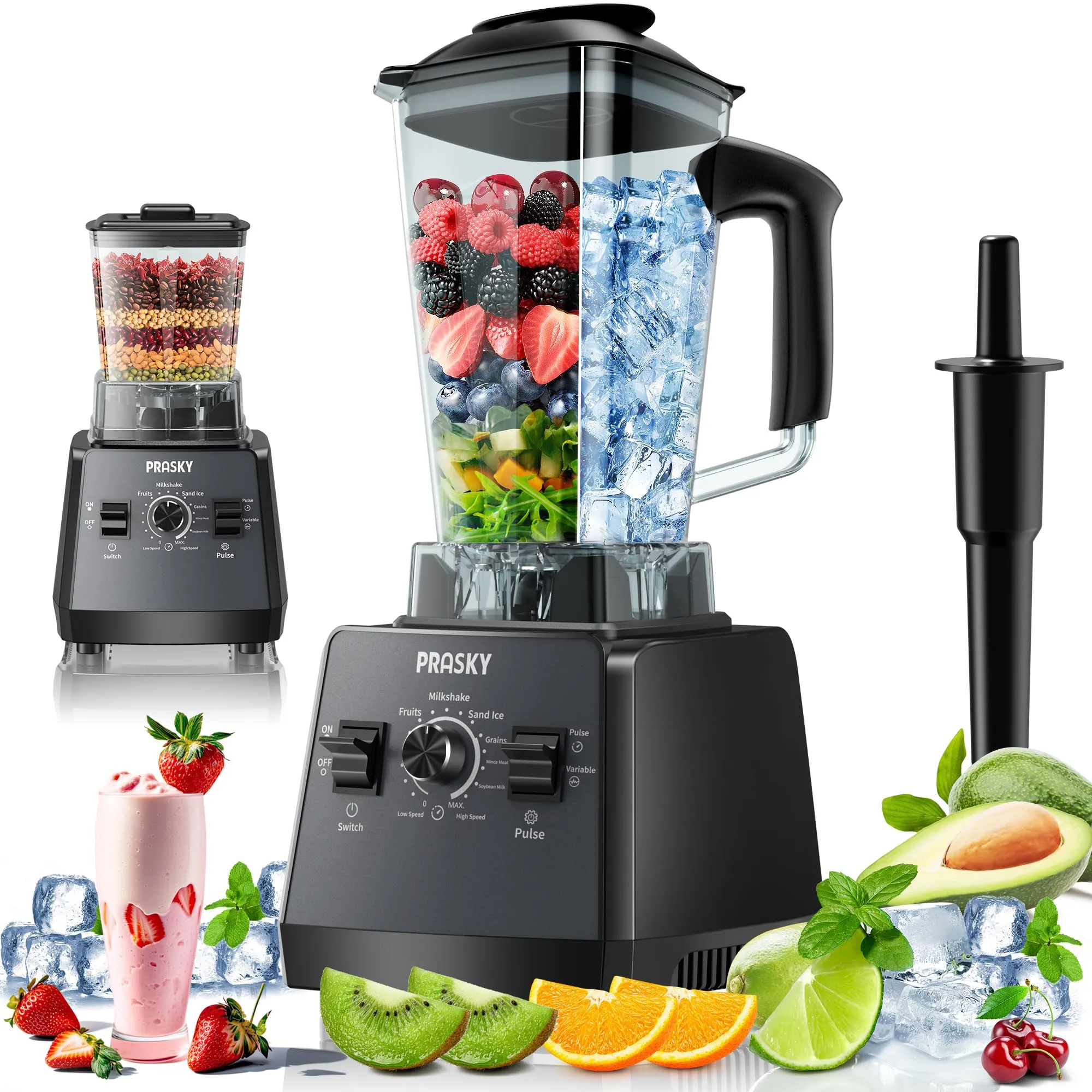 Professional Blender and Grinder Combo 2400W/1000W, 68oz BPA-Free, 25000RPM, Prasky