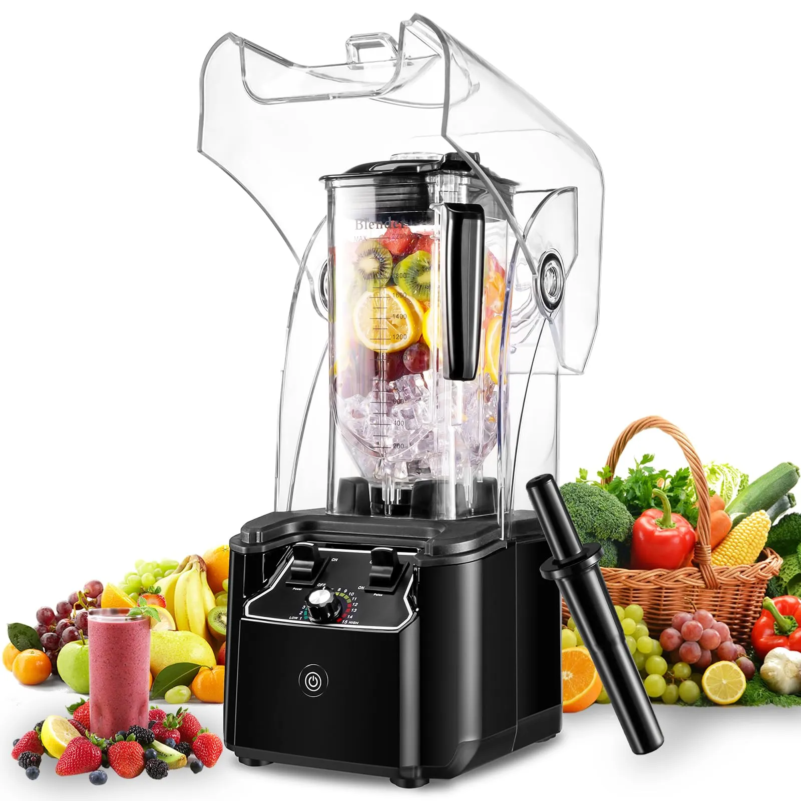 Professional Commercial Blender 80oz Black - 2200W Power, 15 Speeds, Quiet Soundproof Enclosure