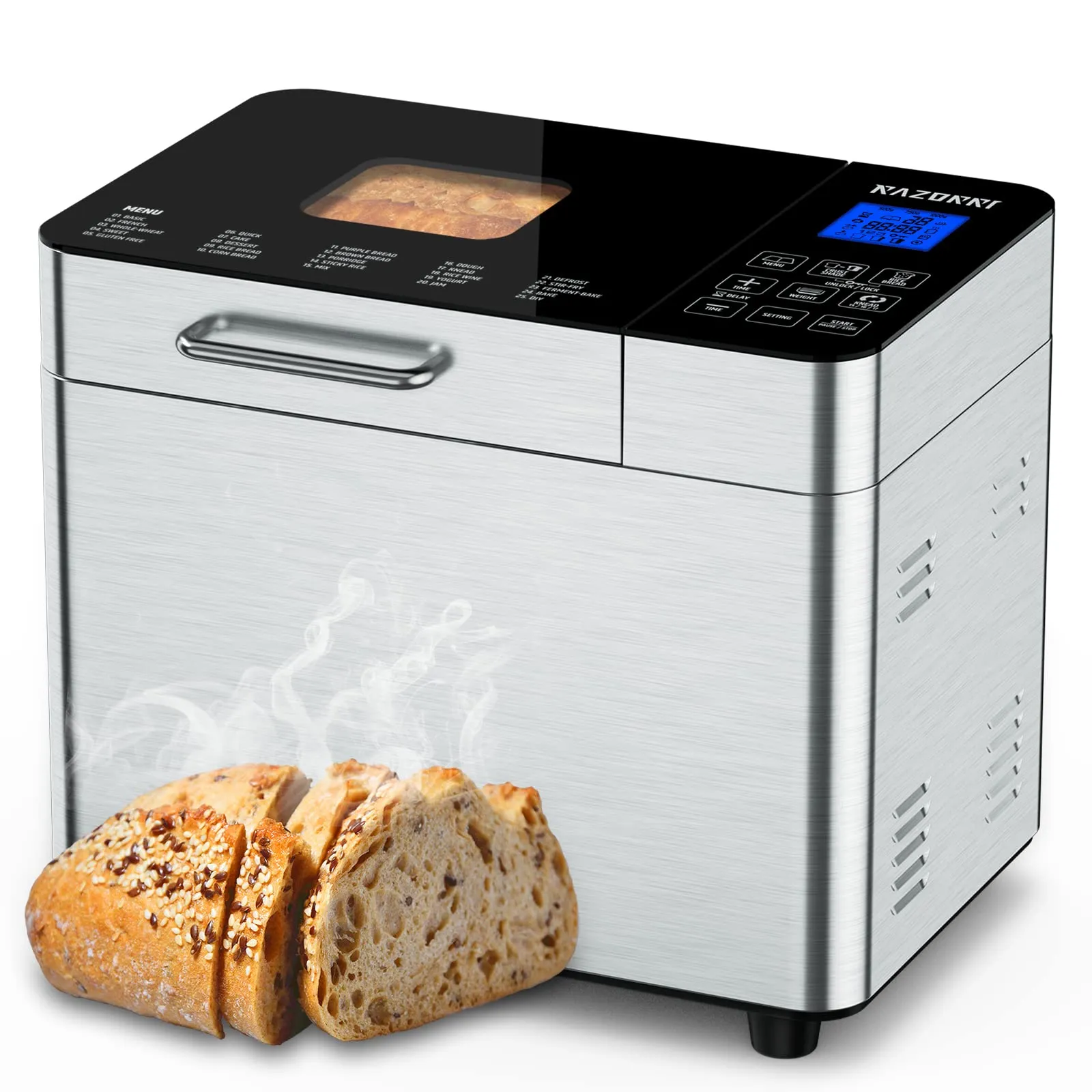 Razorri Stainless Steel Bread Maker with Gluten-Free Setting, 2lbs Capacity & 25 Presets