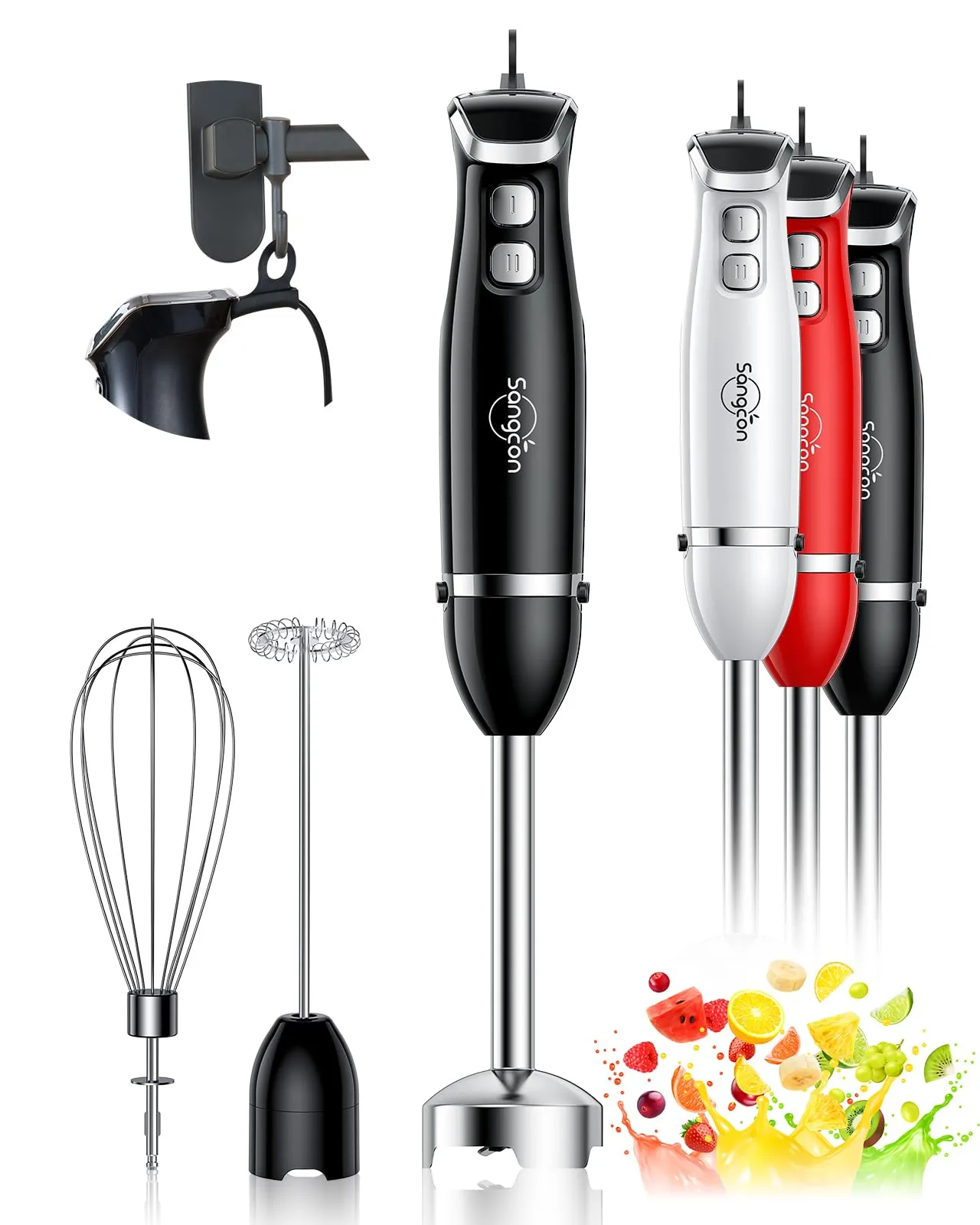 Sangcon 3-in-1 Immersion Blender, 400W Handheld Stick Blender with Whisk & Frother - Black