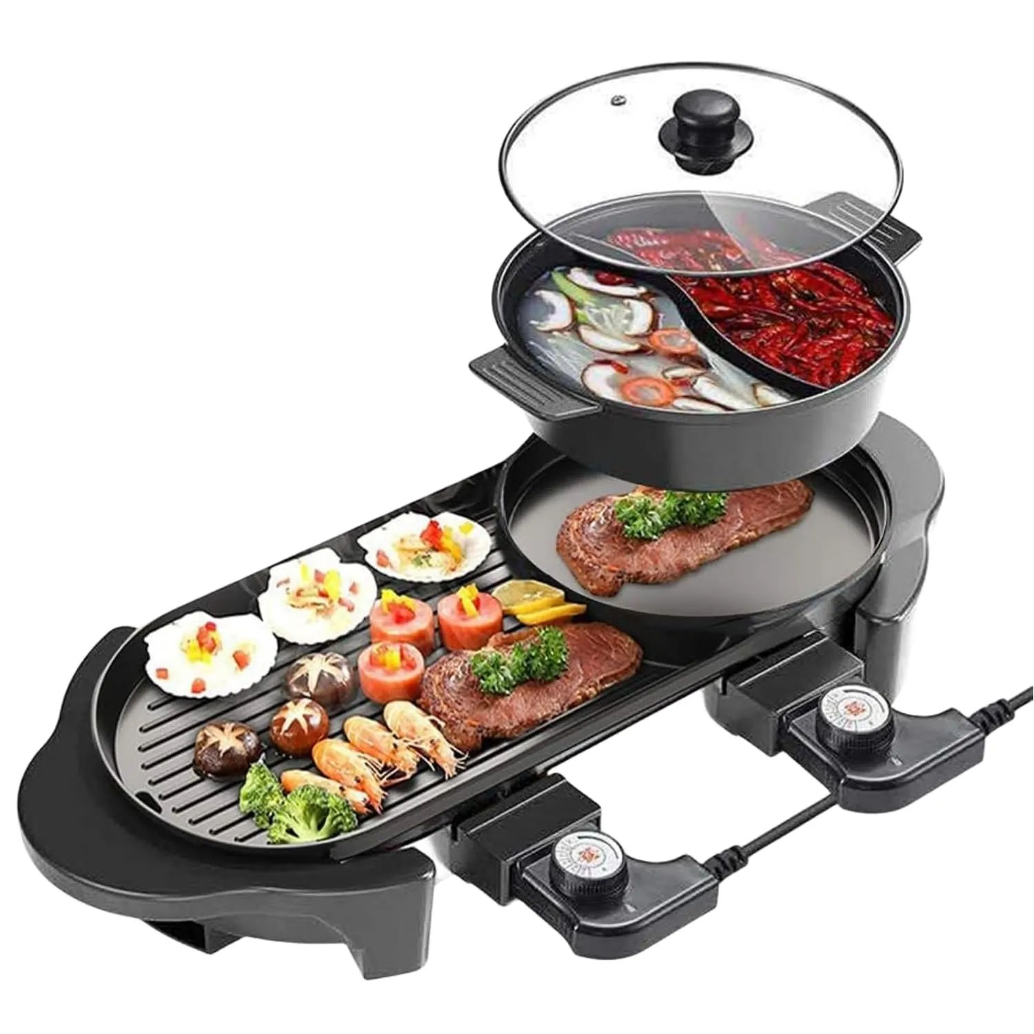 SEAAN Electric Removable Shabu-shabu Pot Grill, Large Capacity 2-in-1 BBQ & Hot Pot, 2200W