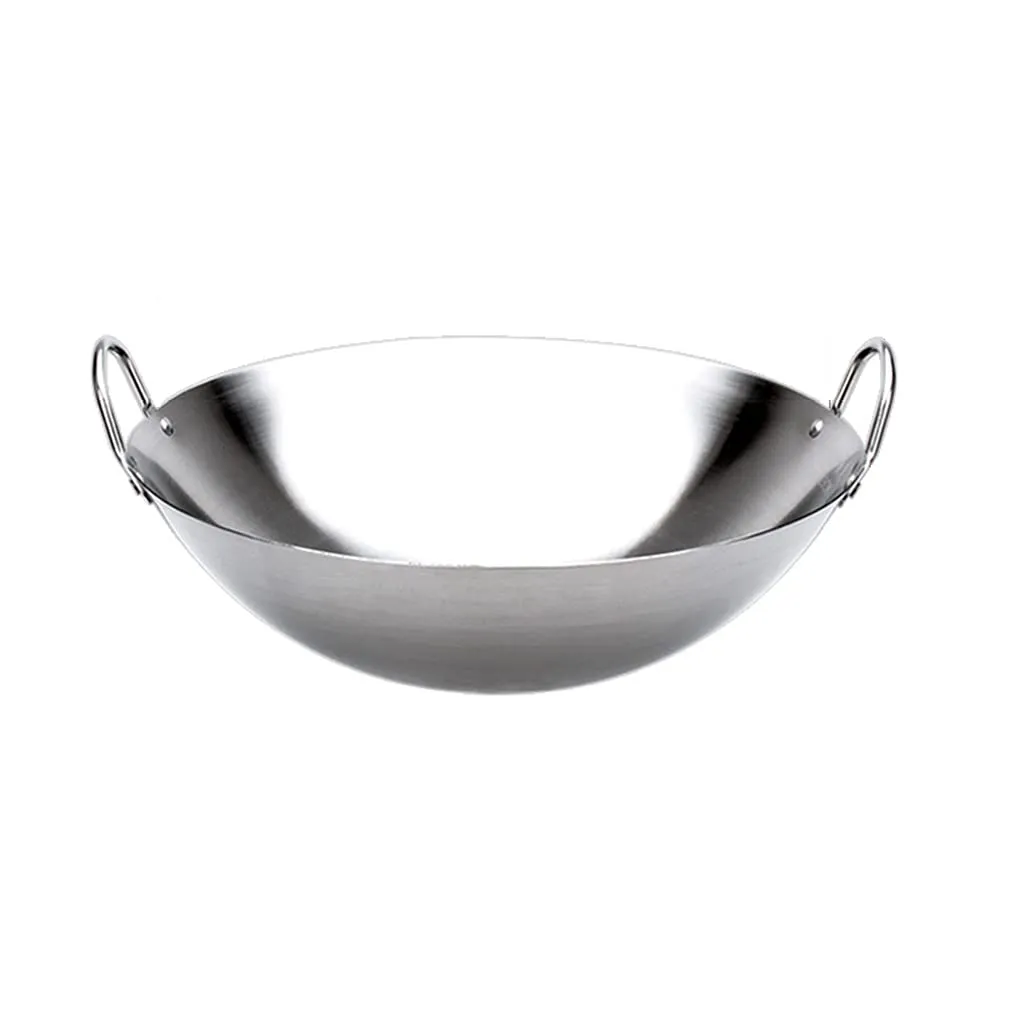 Small Extra Thick Double-Ear 201 Non-Magnetic Stainless Steel Wok 34cm-50cm Bright Silver