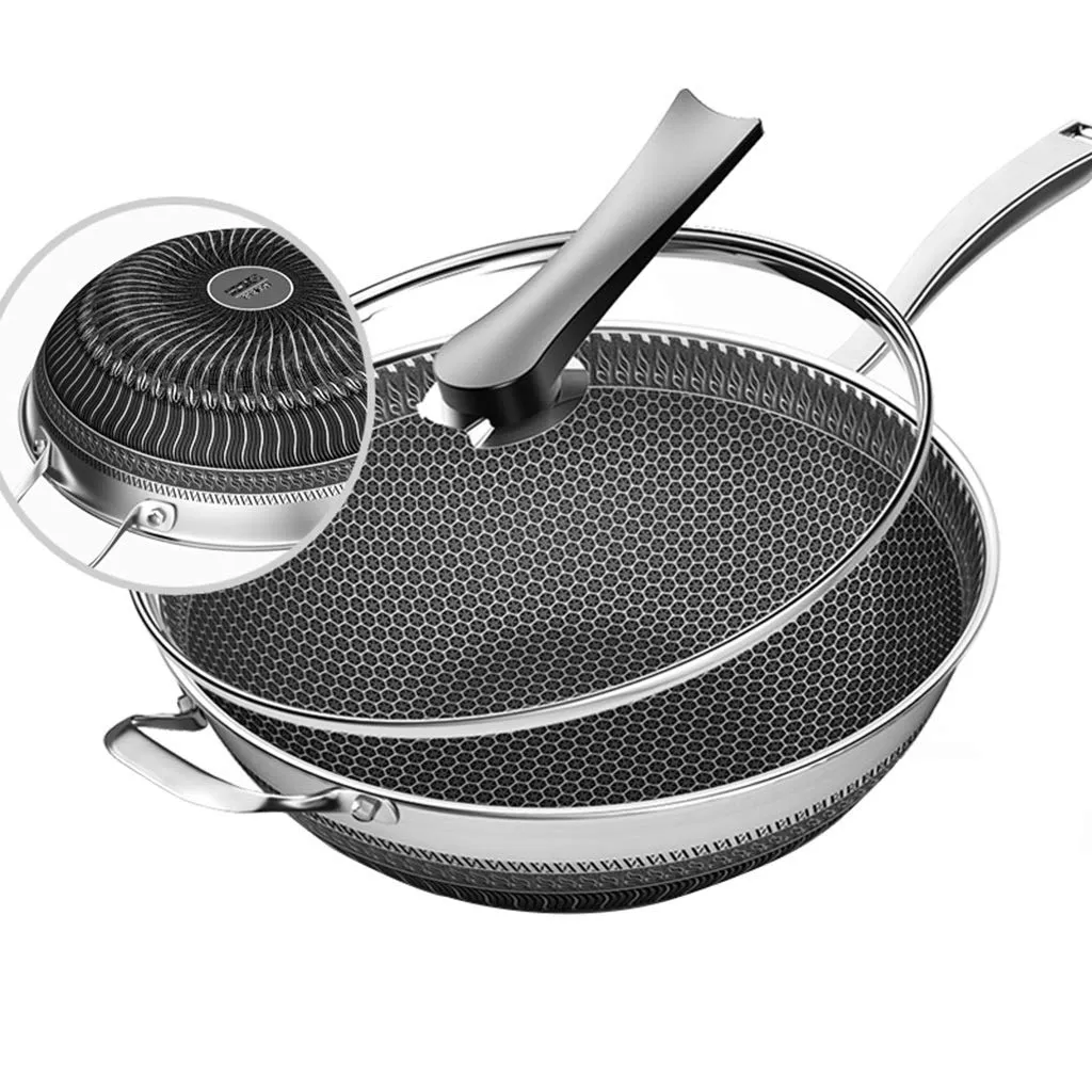 Smoke-Free 12' Non-Stick Wok Pan - Heavy Duty Stainless Steel, Scratch-Resistant, Induction Ready