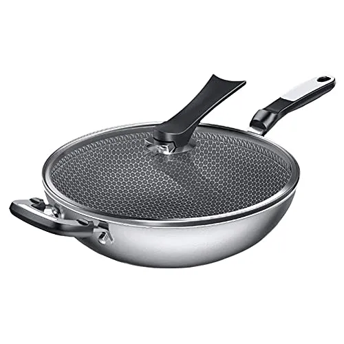 Smokeless Stainless Steel Wok - Non-Stick Honeycomb Design, 12.6'/13.4' - XJMXLL Cooking Utensils