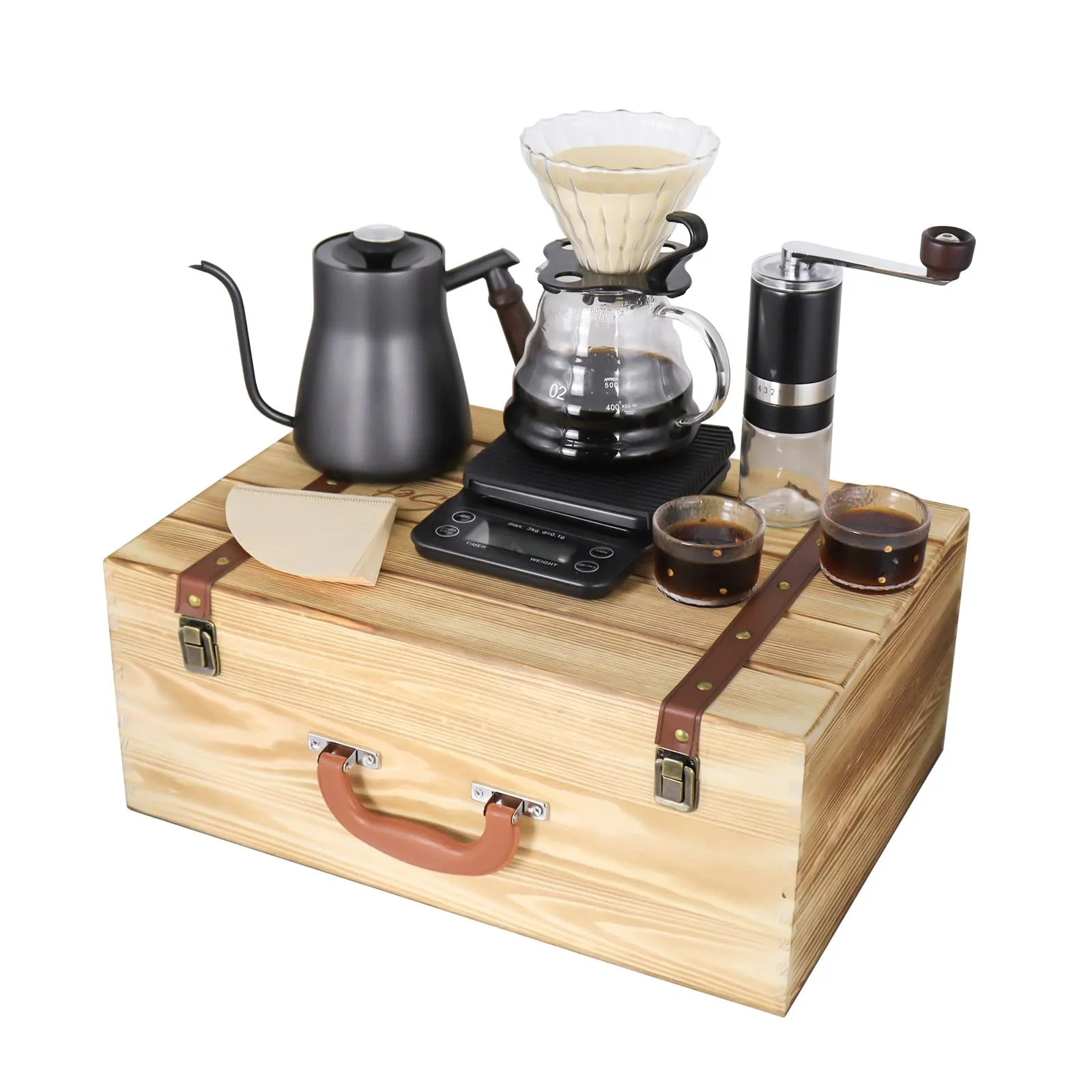 SOTECH All-in-1 Pour Over Coffee Maker Set with Wooden Suitcase, Kettle, Grinder, Scale