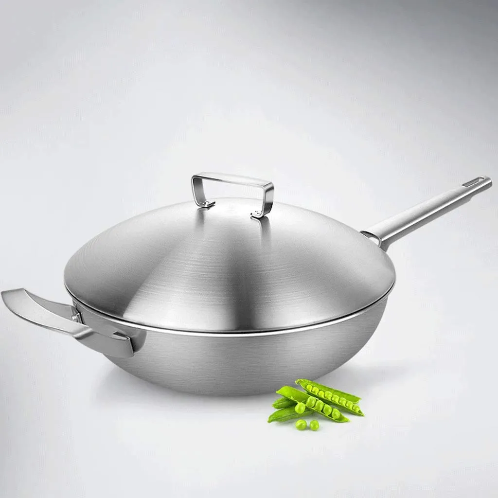 Stainless Steel Covered Wok with Helper Handle - Hard-Anodized Nonstick, 5-Layer Alloy Steel