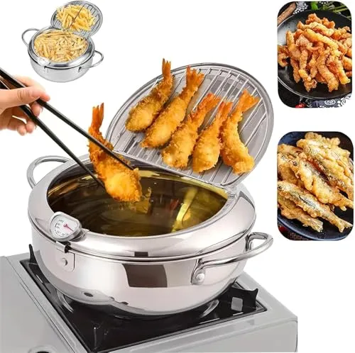 Stainless Steel Deep Fryer Pot 24cm, Thermometer Included, Nonstick Japanese Tempura Frying Pot