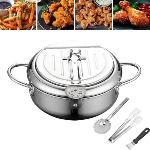 Stainless Steel Deep Fryer Pot with Thermometer & Drip Rack, 20cm Japanese Cooking Tool