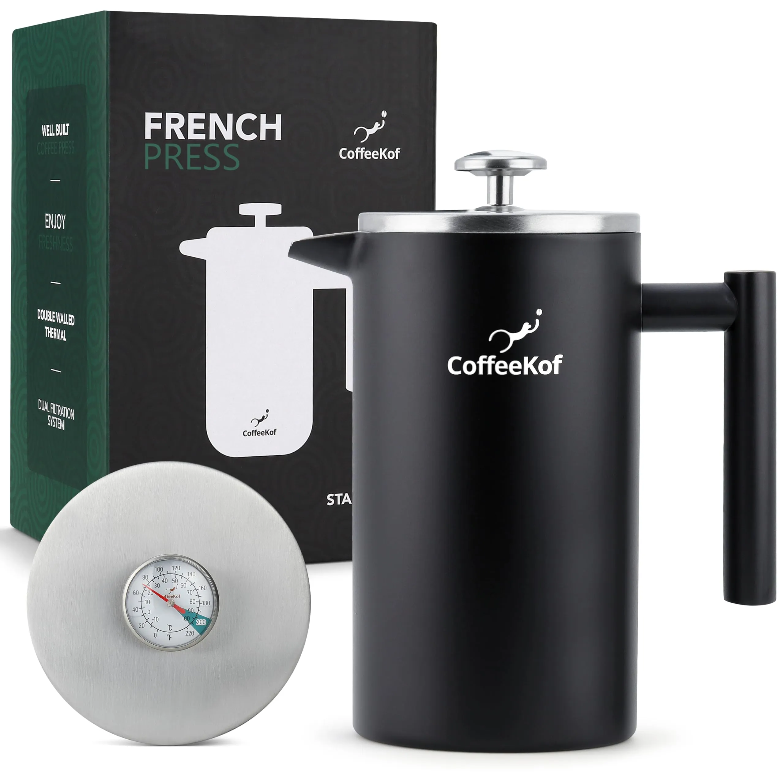 Stainless Steel French Press Coffee Maker 34oz with Thermometer, Double Insulated, Black