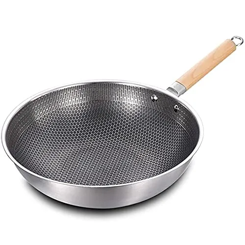 Stainless Steel Wok 32cm with Glass Lid, Scratch Resistant Non-Stick Honeycomb Kitchen Pan