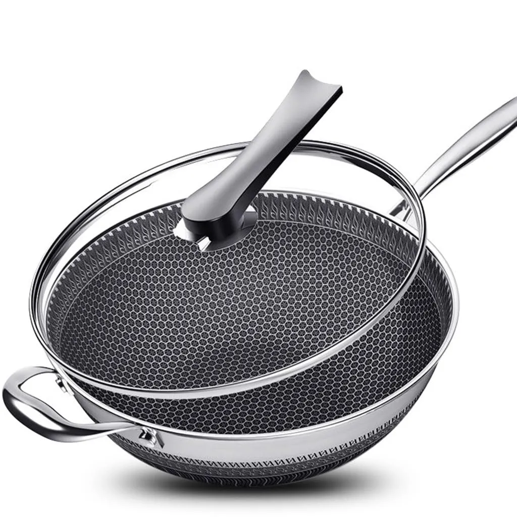 Stainless Steel Wok Double-Sided Honeycomb Pan 32cm Non-Stick Household Multi-Purpose Cookware