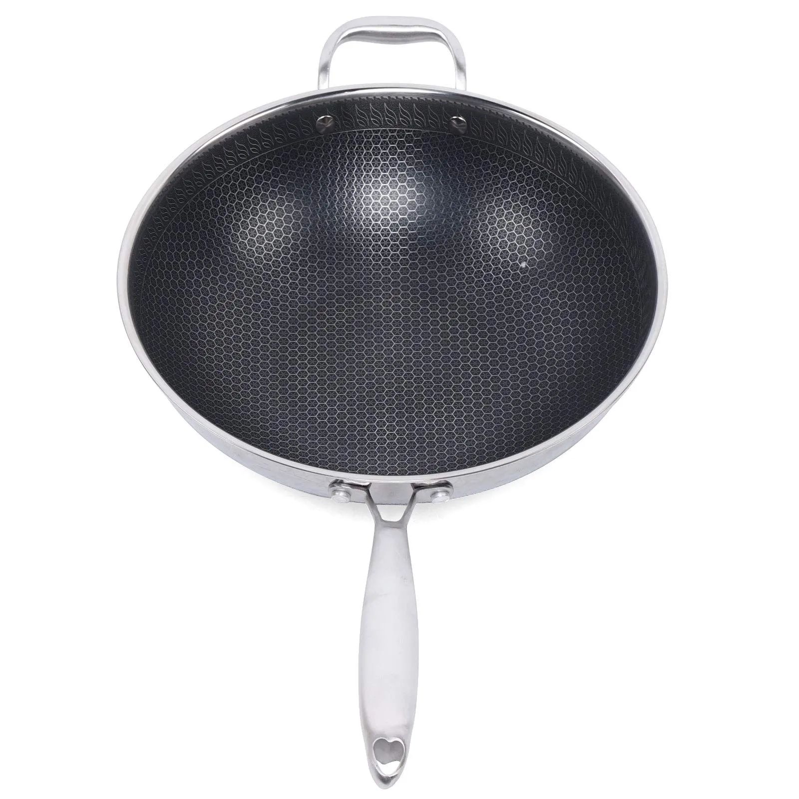 Stainless Steel Wok Frying Pan with Double-Sided Honeycomb, Non-Stick, Includes Lid, 30cm