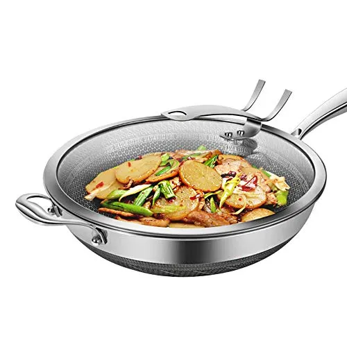 Stainless Steel Wok Pan 13.4 Inch with Glass Lid, Non-Stick Double-Sided Honeycomb Design