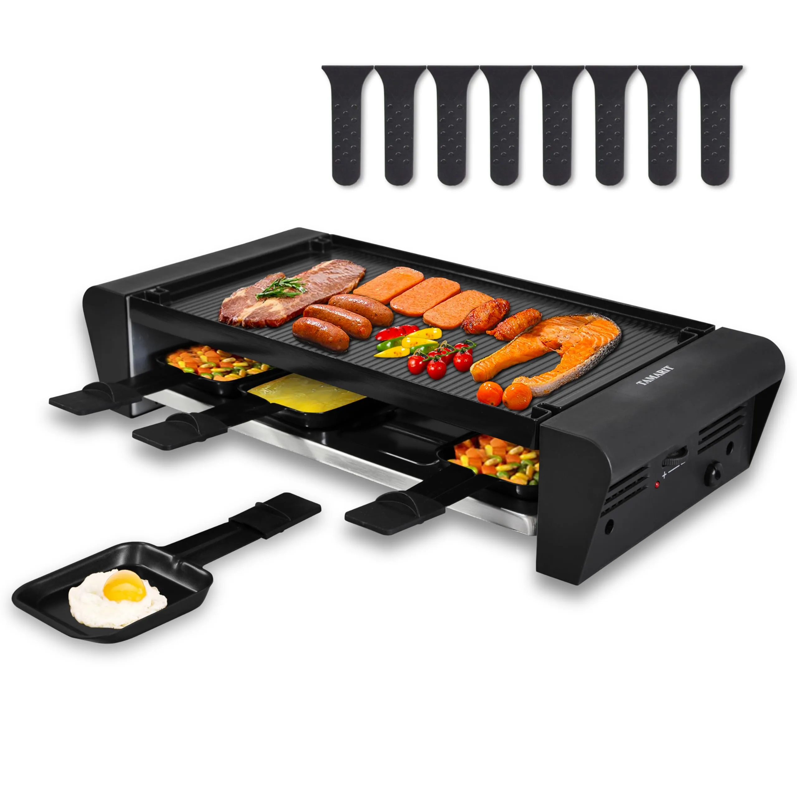 TAMARIT Raclette Table Grill for 8, 1300W Nonstick Reversible Grill/Griddle, Adjustable Temperature