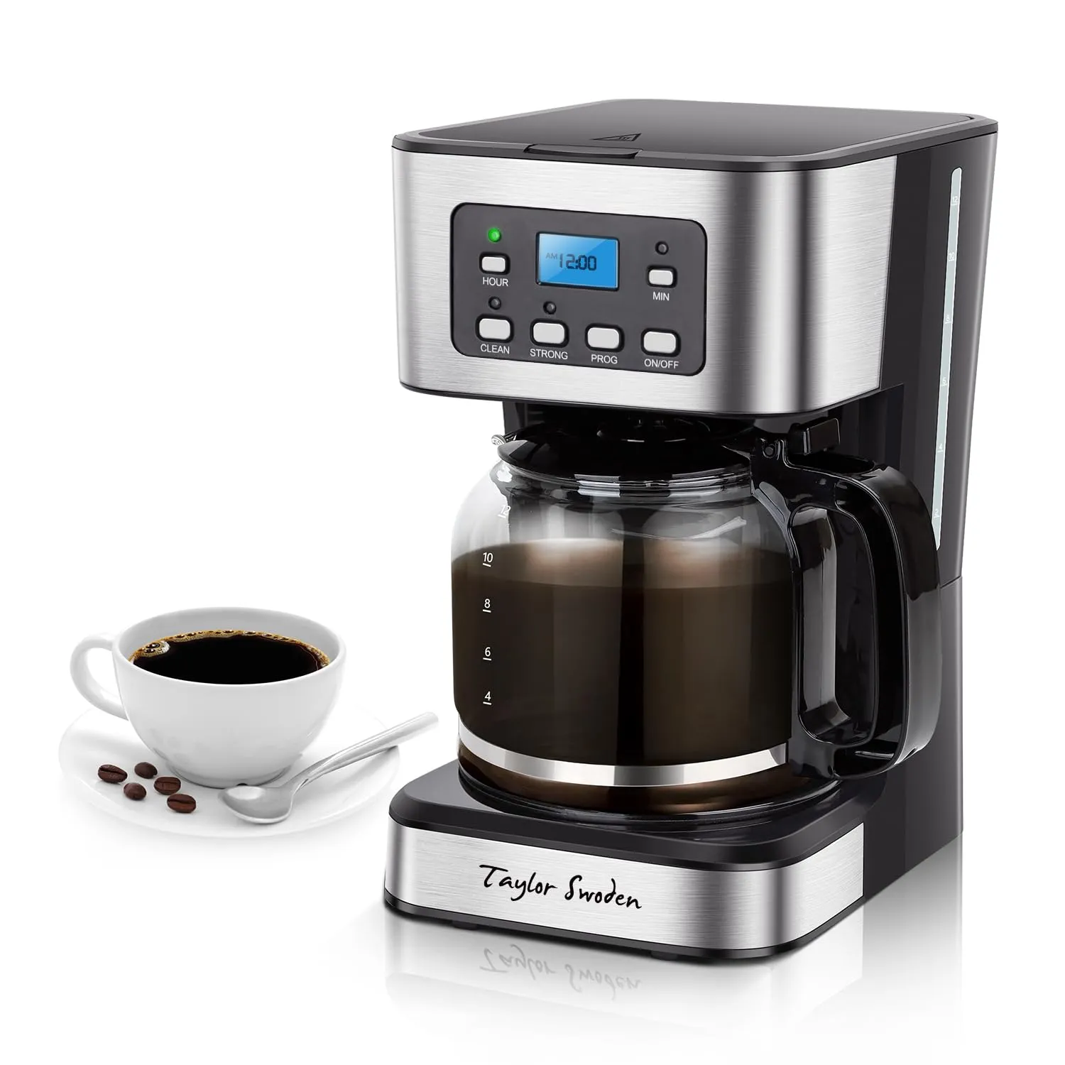 Taylor Swoden 12-Cup Programmable Coffee Maker, Black & Stainless Steel, Regular & Strong Brew