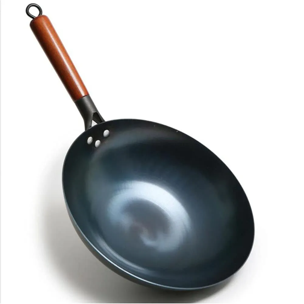 Traditional Uncoated Non-Stick Wok Pan, 30cm Handmade Carbon Steel with Wooden Handle