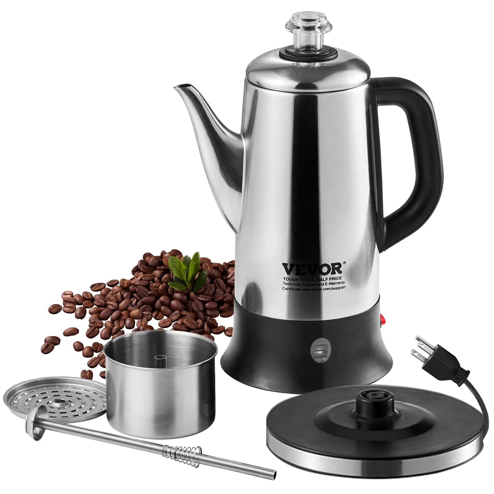 VEVOR 12-Cup Electric Coffee Percolator, 304 Stainless Steel, Automatic Keep-Warm, 1000W