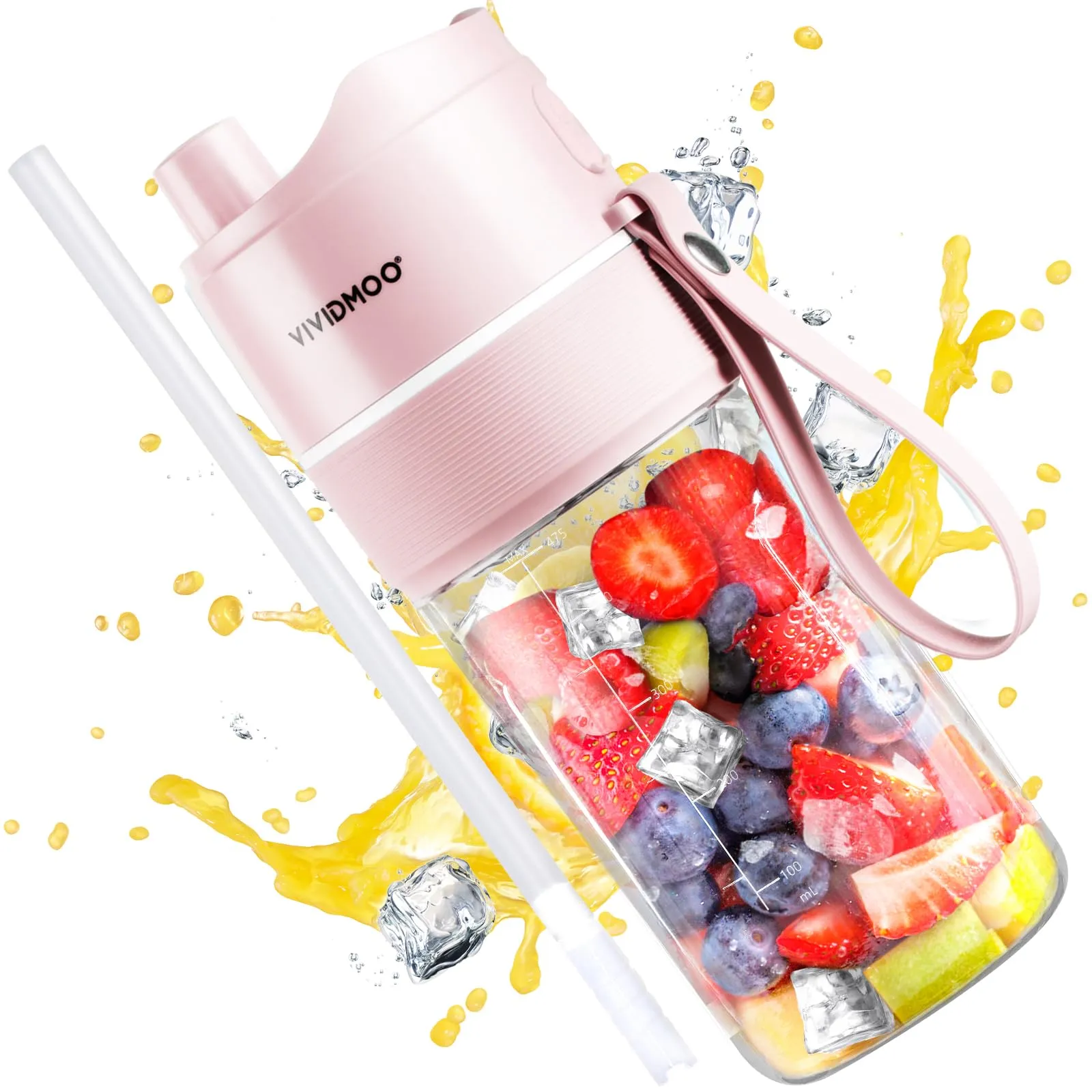 Vividmoo 16 Oz Personal Blender, Portable USB Rechargeable Smoothie Maker, BPA-Free, Pink