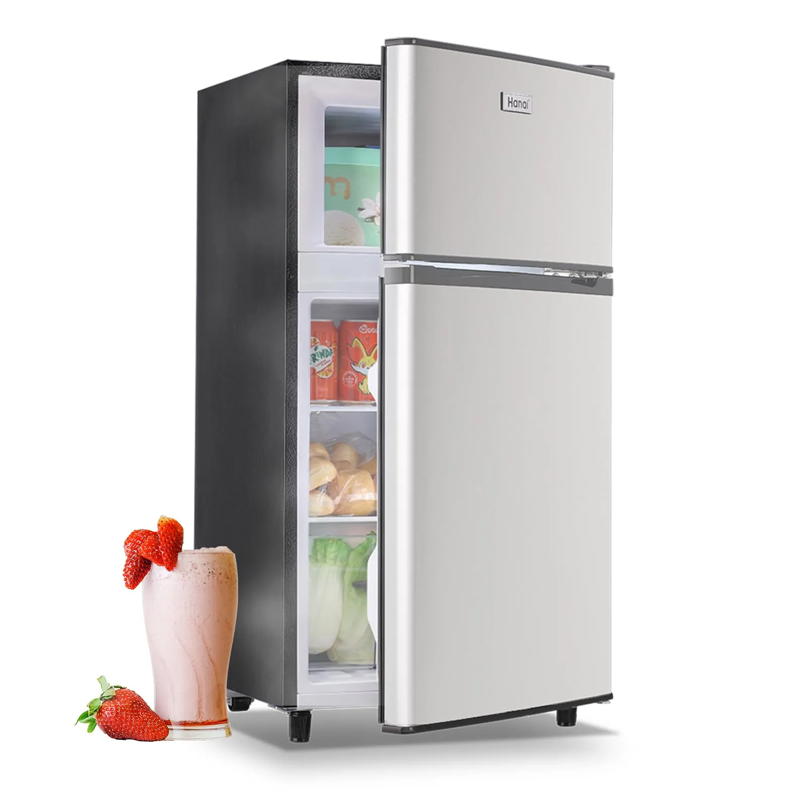 WANAI 3.5 Cu.Ft Double Door Refrigerator Freezer-on-Top, Adjustable Temp, Silver Finish