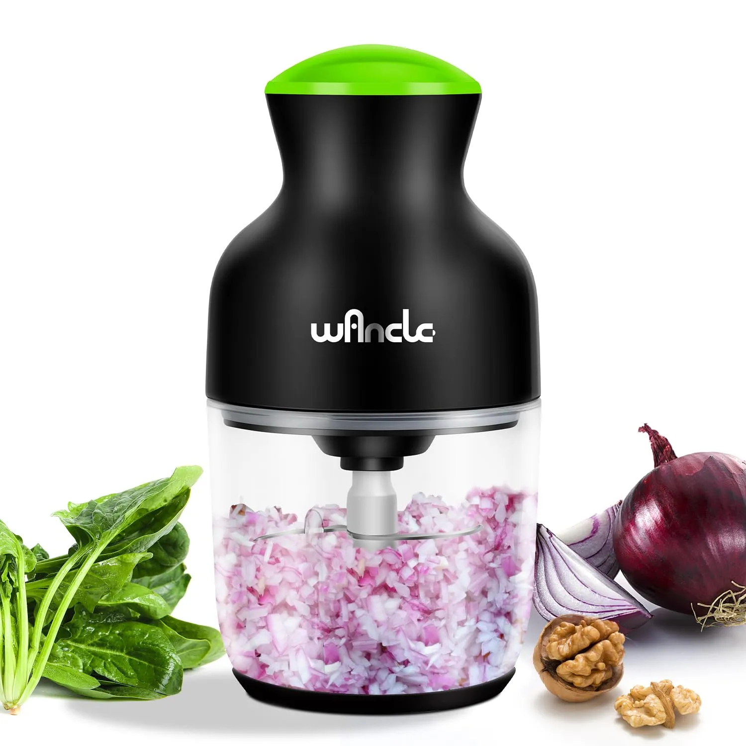 Wancle Multi-Functional Food Processor, 600ML Glass Bowl Chopper, Meat Grinder, Quiet, Black+Green