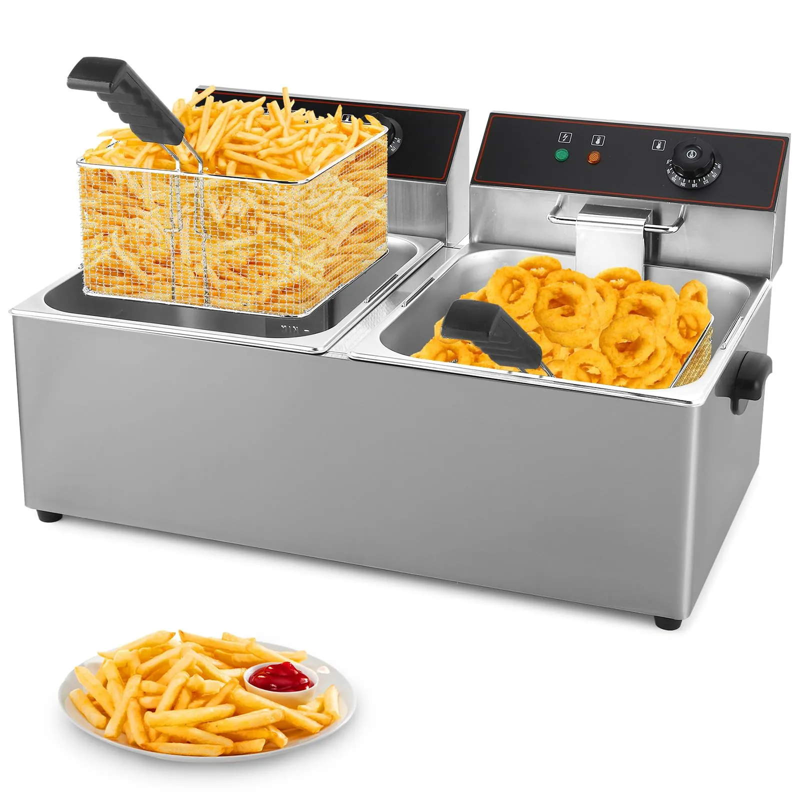 WICHEMI 4000W Double Deep Fryer 2x11.6QT with Baskets & Lids, Stainless Steel, Temperature Control