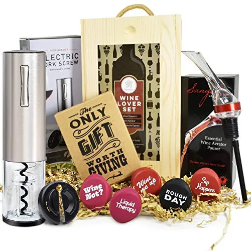 Wine Gifts Set – Electric Opener, Aerator, Stoppers & Guide in Stunning Wooden Box